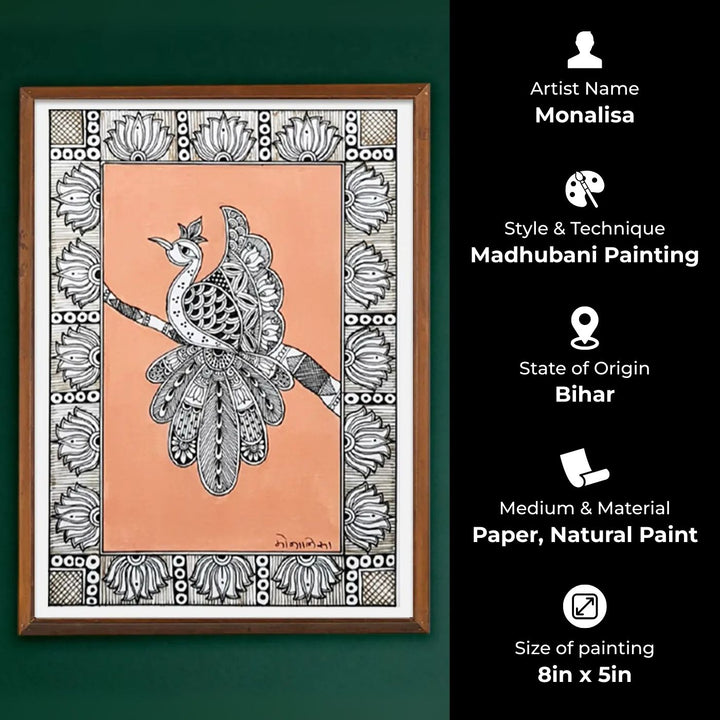 8 x 5 Inch | Peacock In Four Frames | Original Hand Painted Madhubani Painting On Paper