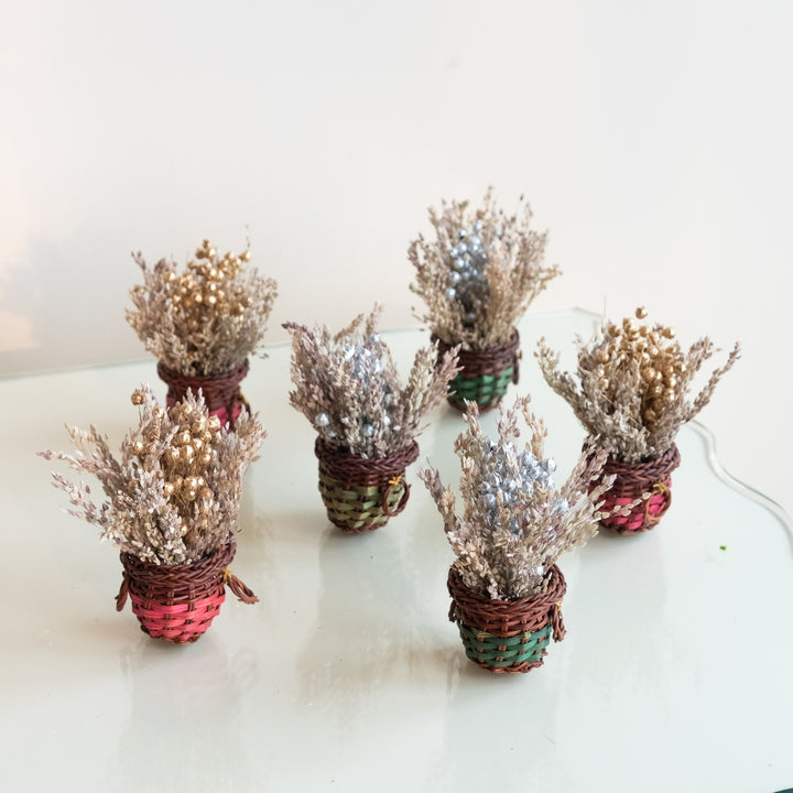 Handmade Mini Gold And Silver Dried Flower Bouquet In Willow Basket | Set Of 6