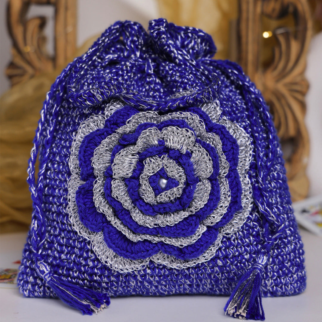 Handmade Crochet Blue Royal Bloom Potli