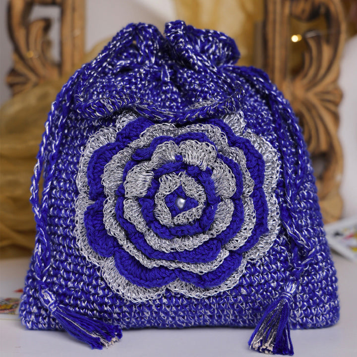 Handmade Crochet Blue Royal Bloom Potli
