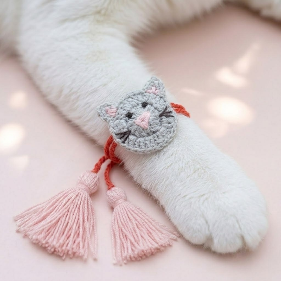 Handmade Crochet Cat Theme Kids Rakhi With Roli Chawal