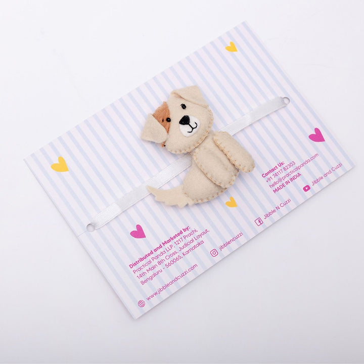 Handmade Pawsome Pup Felt Kids Rakhi - Back View with Product and Card