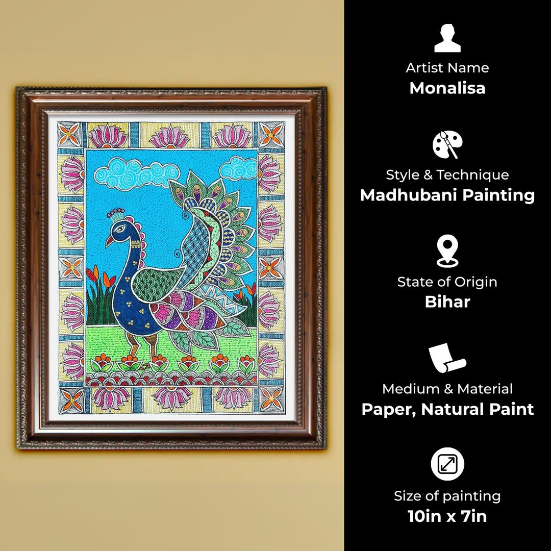 10 x 7 Inch | Dancing Peacock | Original Hand Painted Madhubani Painting On Canvas