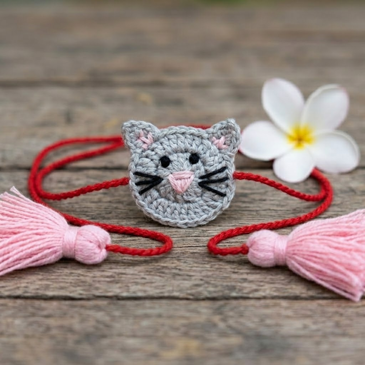 Handmade Crochet Cat Theme Kids Rakhi With Roli Chawal