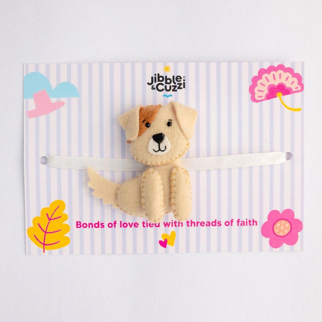 Handmade Pawsome Pup Felt Kids Rakhi - Front View with Product and Card
