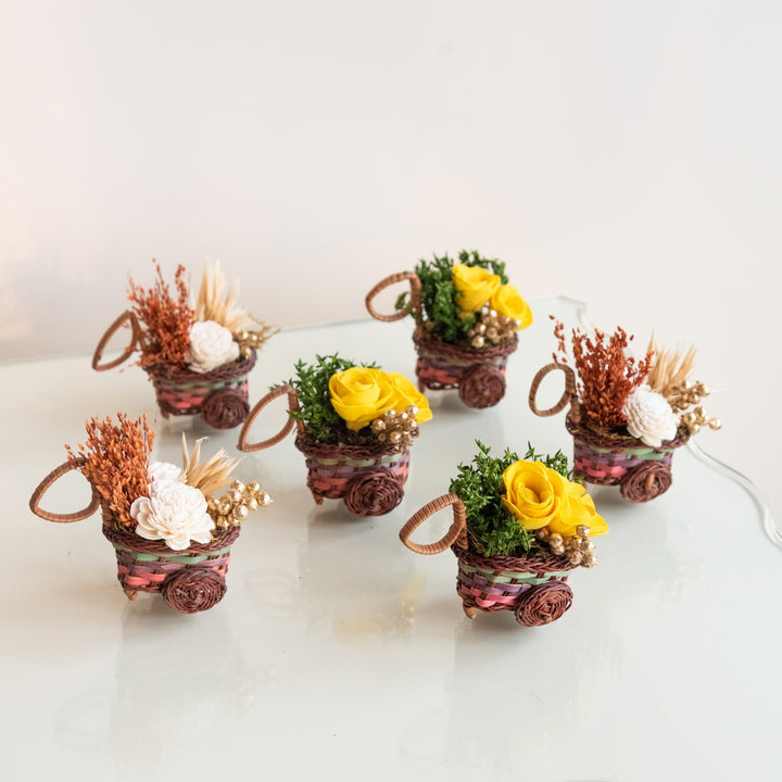 Handmade Mini Orange Dried Flower Bouquet In Willow Basket | Set Of 6