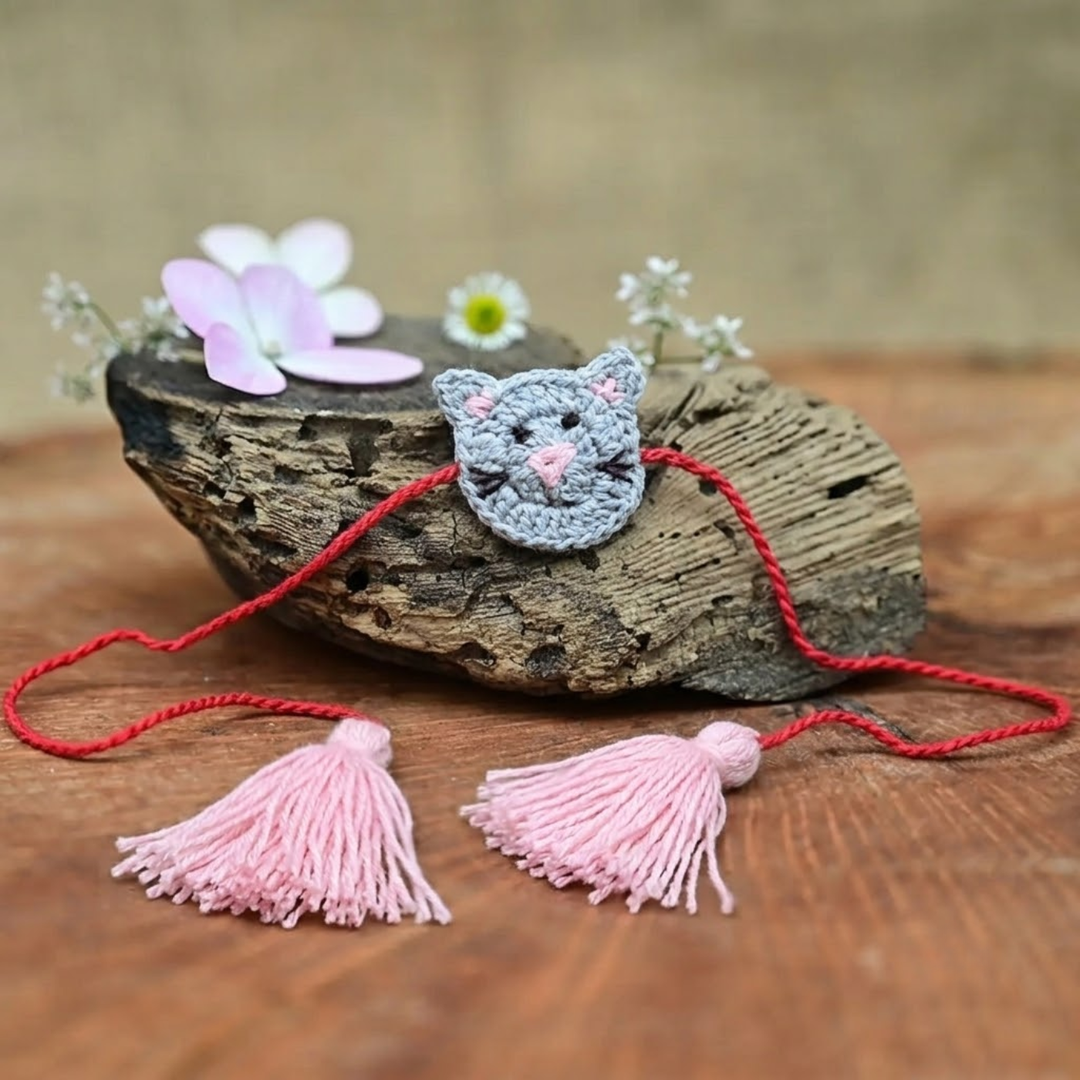 Handmade Crochet Cat Theme Kids Rakhi With Roli Chawal