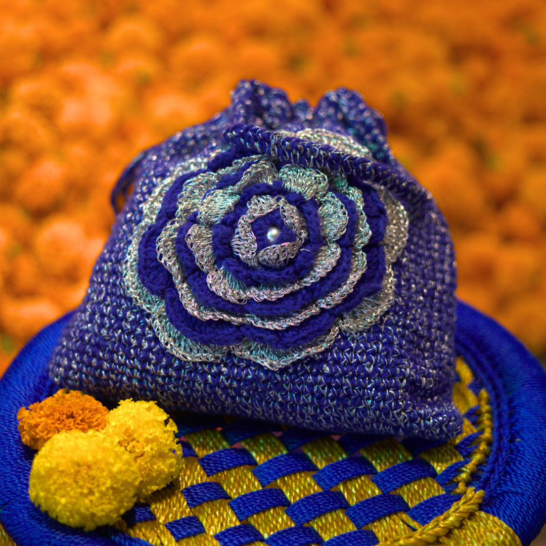 Handmade Crochet Blue Royal Bloom Potli