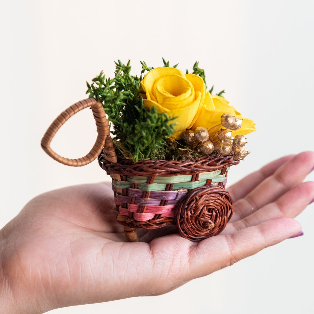 Handmade Mini Yellow Dried Flower Bouquet In Willow Basket | Set Of 6
