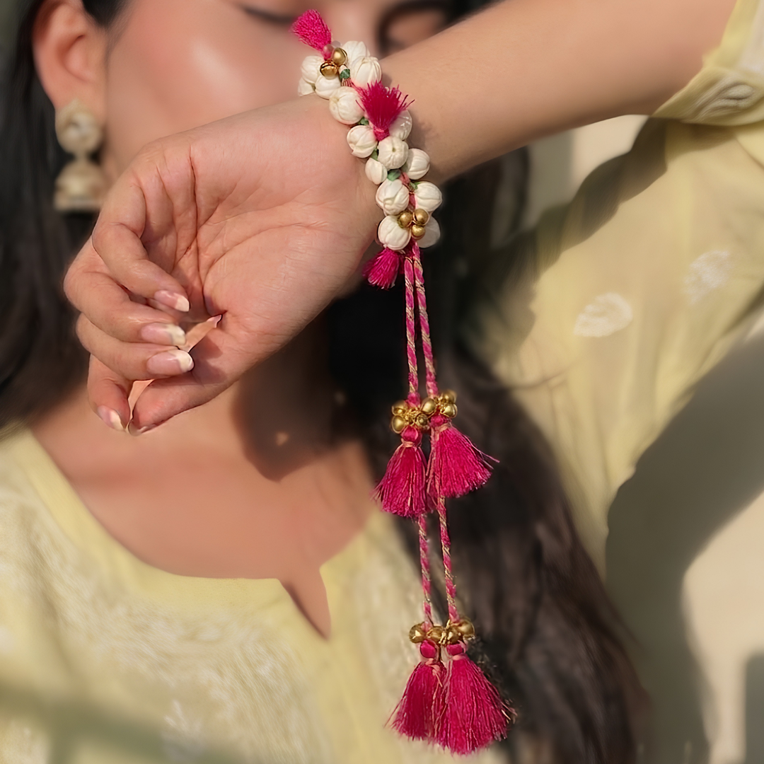 Handcrafted Shola & Ghungroo Tassel Lumba Rakhi for Bhabhi - Pink