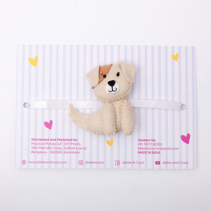 Handmade Pawsome Pup Felt Kids Rakhi - Top View with Product and Card