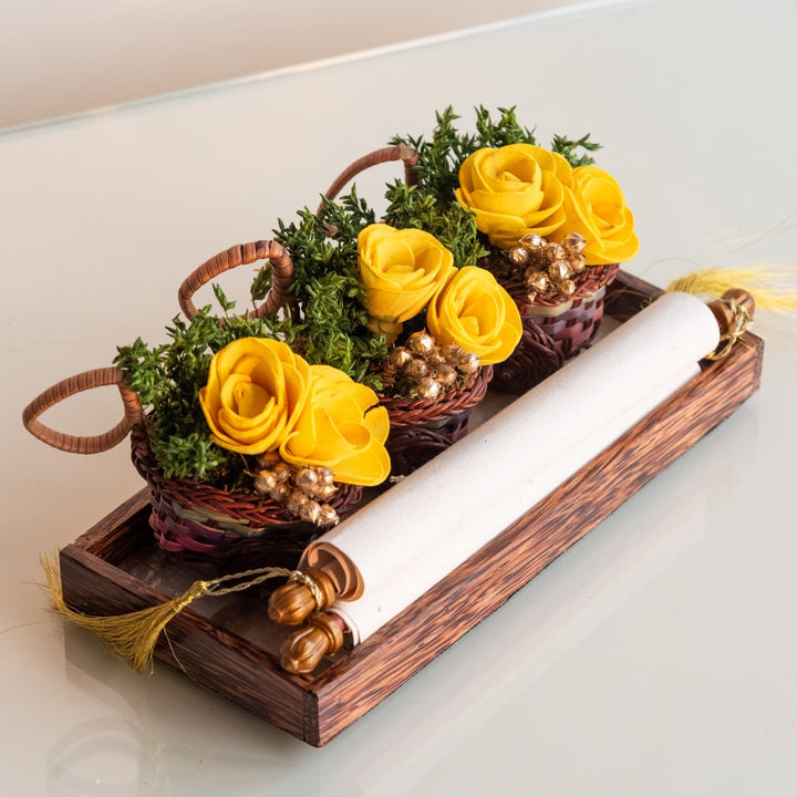 Handmade Mini Yellow Dried Flower Bouquet In Willow Basket | Set Of 6
