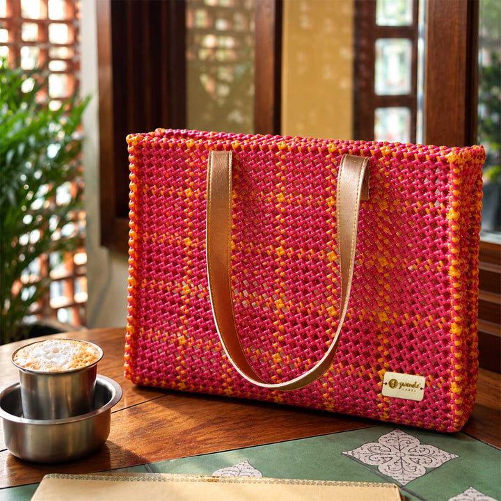 "Banarasi" Maroon & Gold Checks Handmade Wire Koodai Tote Bag