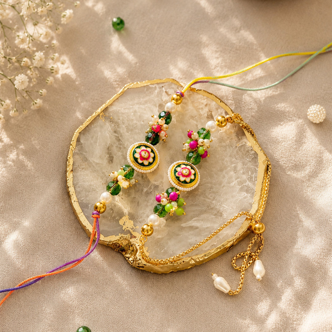 Hand-Knotted Floral Kundan Meenakari Beaded Rakhi & Lumba Set For Bhaiya Bhabhi | Set of 2