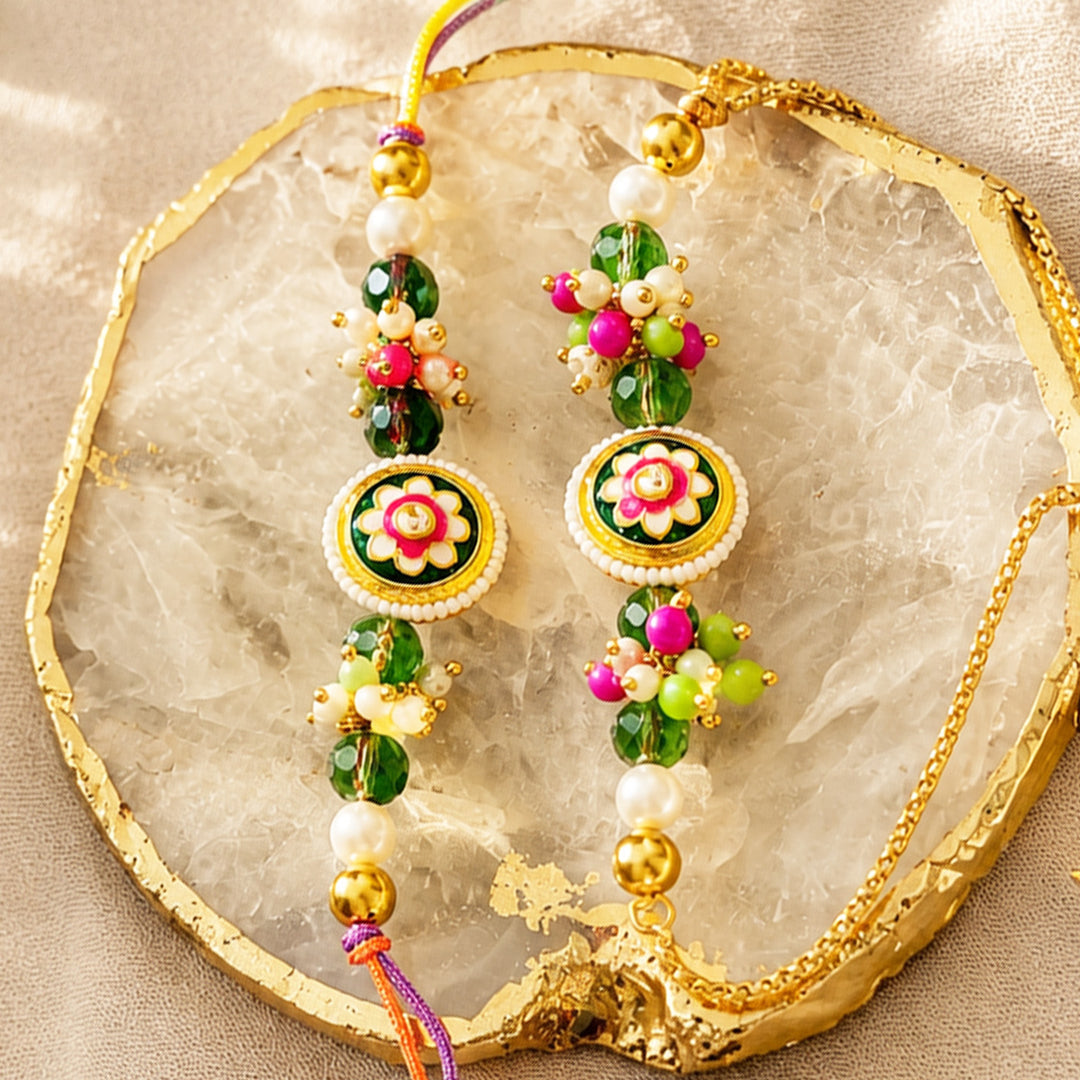 Hand-Knotted Floral Kundan Meenakari Beaded Rakhi & Lumba Set For Bhaiya Bhabhi | Set of 2