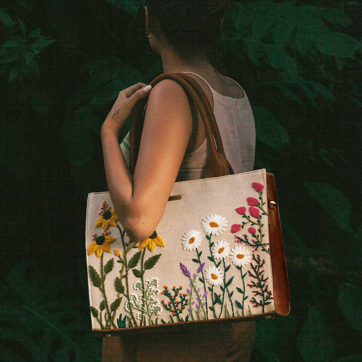 Personalized Hand Embroidered Garden Tote Bag