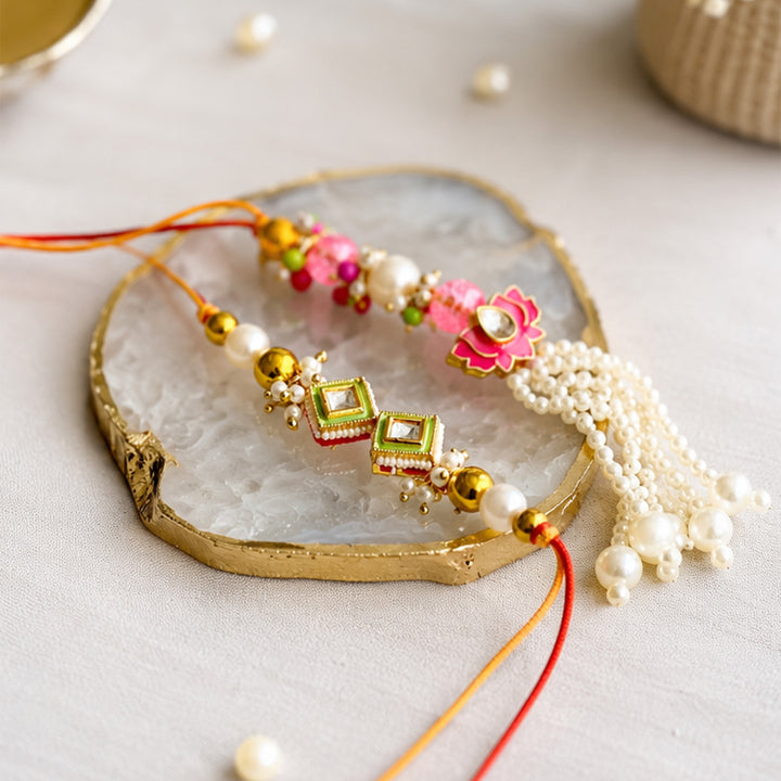 Hand-Knotted Lotus Beaded Rakhi & Lumba Set For Bhaiya Bhabhi | Set of 2