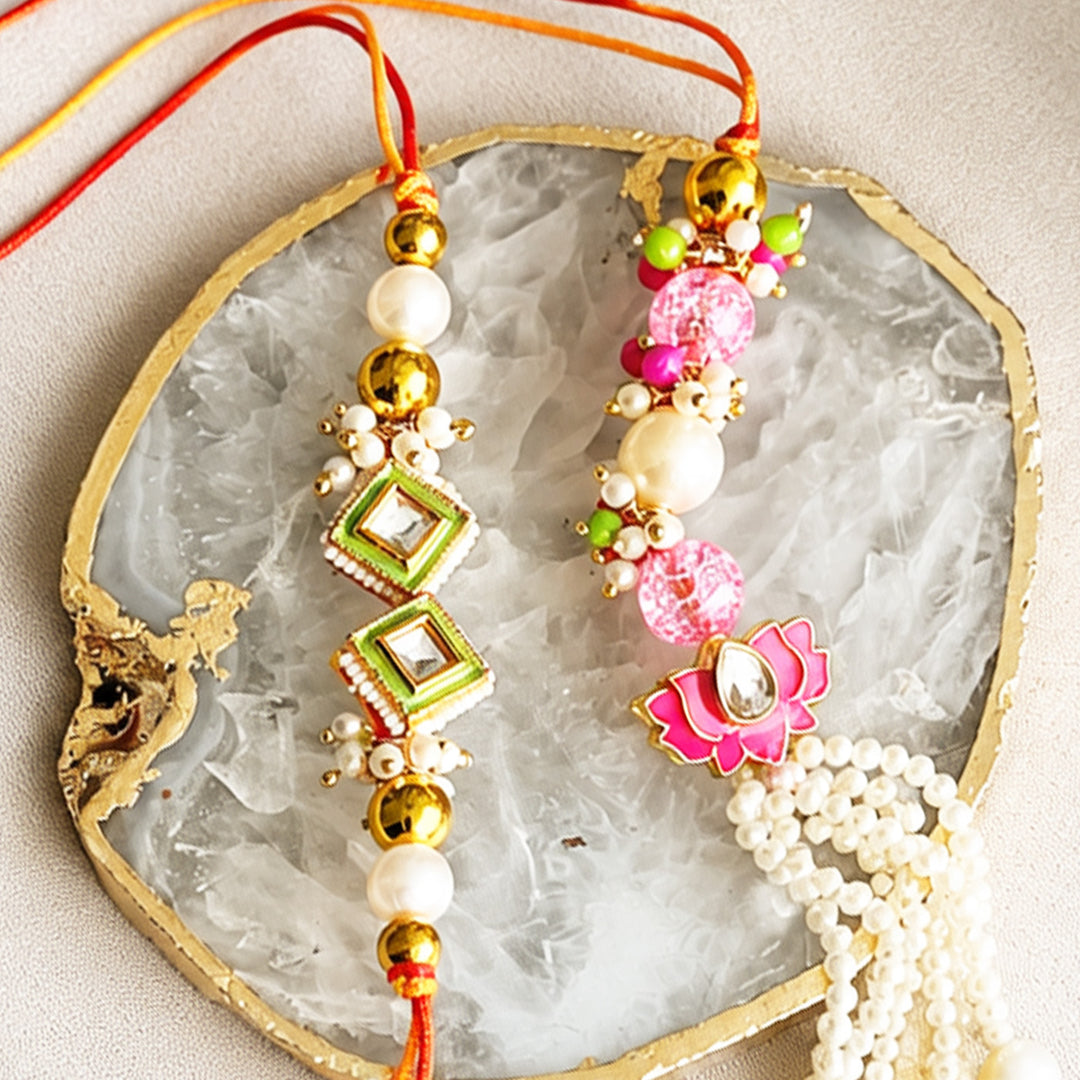 Hand-Knotted Lotus Beaded Rakhi & Lumba Set For Bhaiya Bhabhi | Set of 2