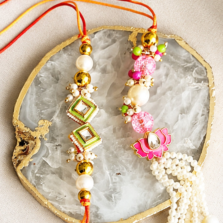 Hand-Knotted Lotus Beaded Rakhi & Lumba Set For Bhaiya Bhabhi | Set of 2