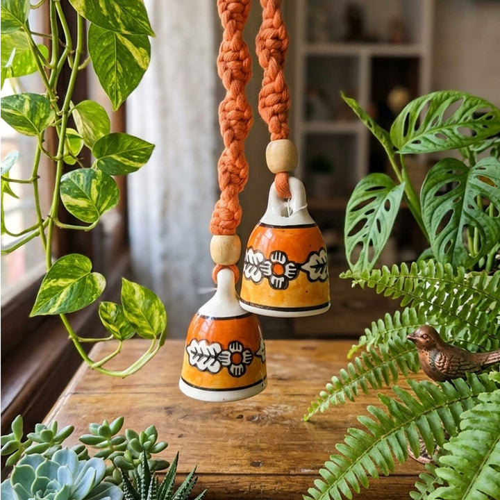 2 Pc | Macrame Handpainted Ceramic Bells Hanging With Wooden Rings & Beads