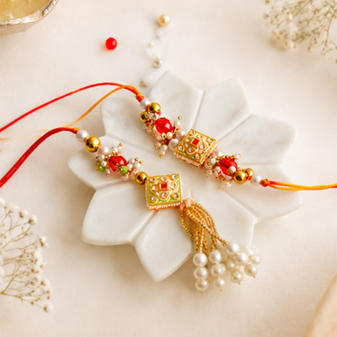 Hand-Knotted Green Meenakari Beaded Pearl Rakhi & Lumba Set For Bhaiya Bhabhi