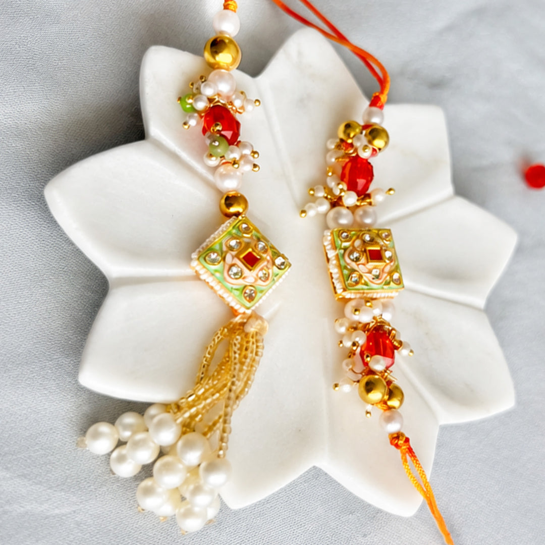 Hand-Knotted Green Meenakari Beaded Pearl Rakhi & Lumba Set For Bhaiya Bhabhi