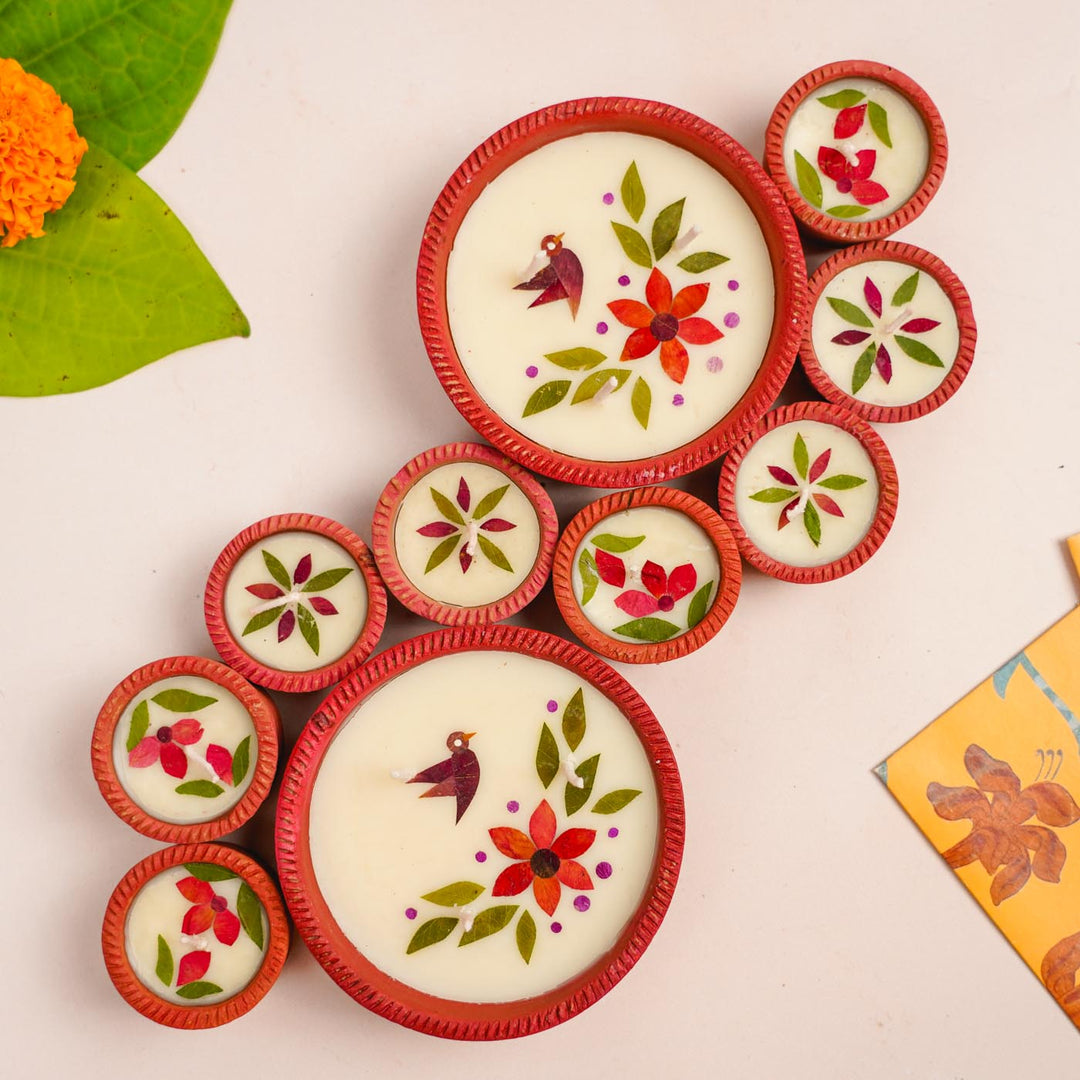 10 Diyas | Handmade Soy Wax & Dry Flower Festive Diyas | 2 Boxes, 5 Diyas per Box