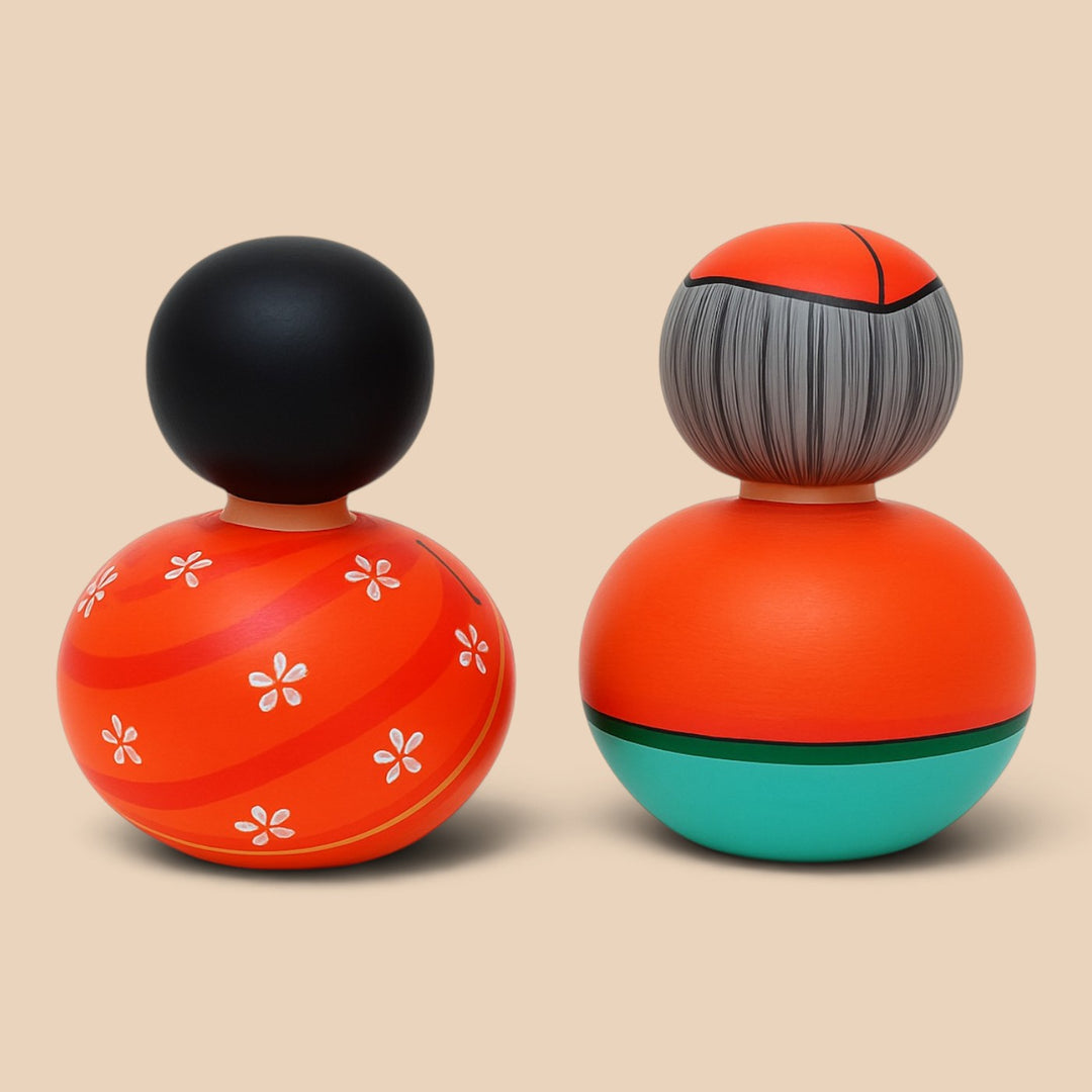 Set of 2 | Hand-Painted Orange & Teal Bobble Head Couple Wooden Golu Dolls For Gifting & Decor
