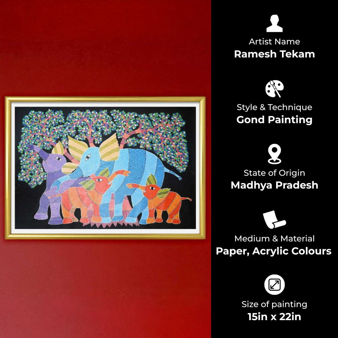 15 x 22 Inch | Family of Elephants | Original Hand Painted Tribal Gond Art Painting | Acrylic Paints On Canvas