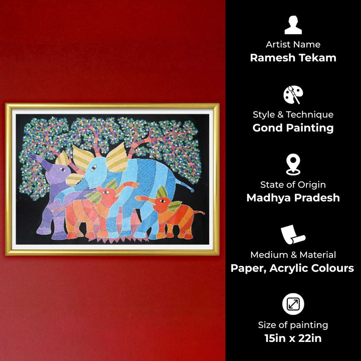 15 x 22 Inch | Family of Elephants | Original Hand Painted Tribal Gond Art Painting | Acrylic Paints On Canvas