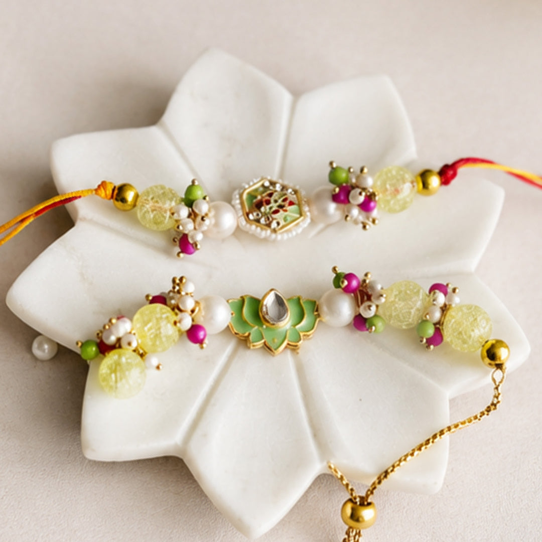 Hand-Knotted Green Lotus Beaded Rakhi & Lumba Set For Bhaiya Bhabhi | Set of 2