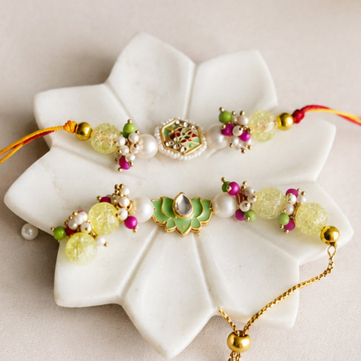 Hand-Knotted Green Lotus Beaded Rakhi & Lumba Set For Bhaiya Bhabhi | Set of 2