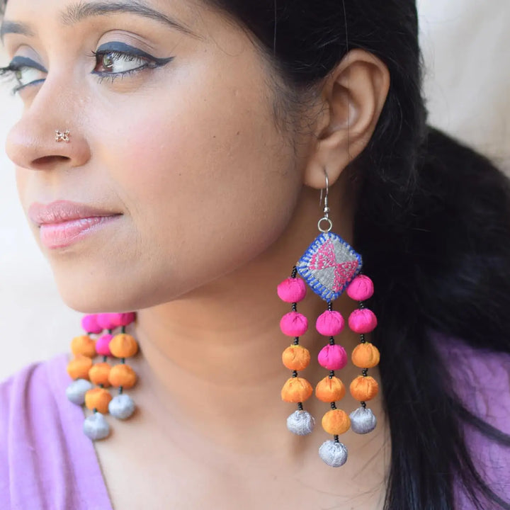 Handmade Textile Art Round Tassels Dupion Silk Fabric Earrings