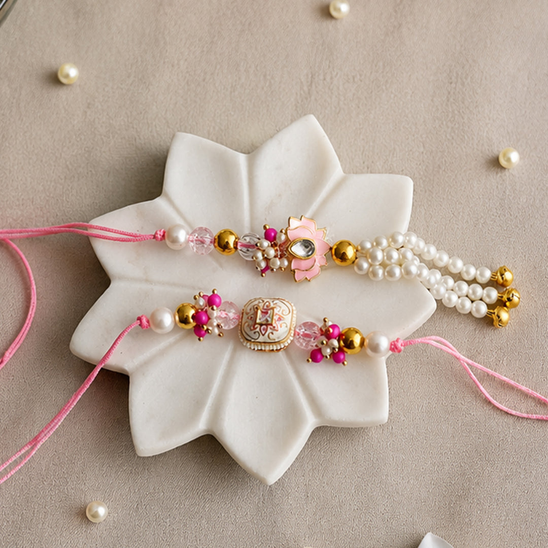 Hand-Knotted Pink Lotus Beaded Rakhi & Lumba Set For Bhaiya Bhabhi | Set of 2