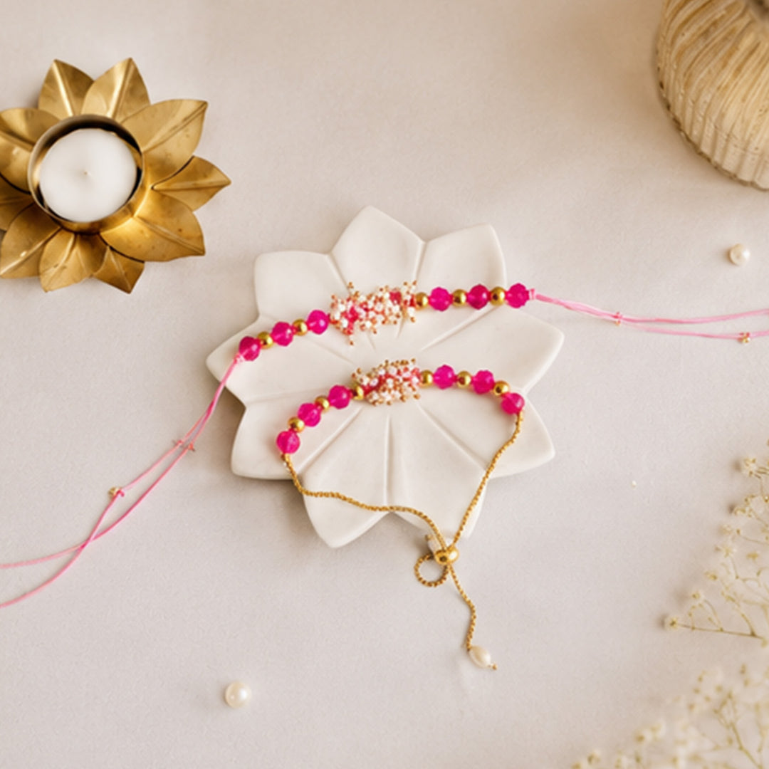 Hand-Knotted Mini Pearl Beaded Rakhi & Lumba Set For Bhaiya Bhabhi | Set of 2