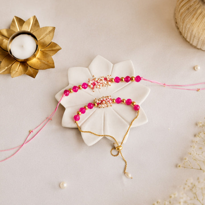 Hand-Knotted Mini Pearl Beaded Rakhi & Lumba Set For Bhaiya Bhabhi | Set of 2