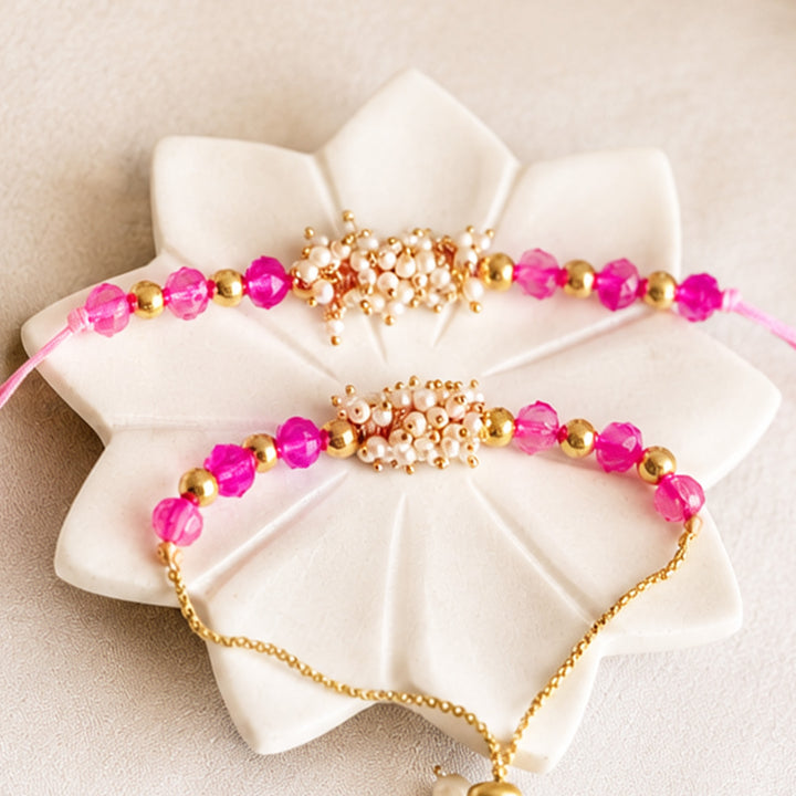 Hand-Knotted Mini Pearl Beaded Rakhi & Lumba Set For Bhaiya Bhabhi | Set of 2