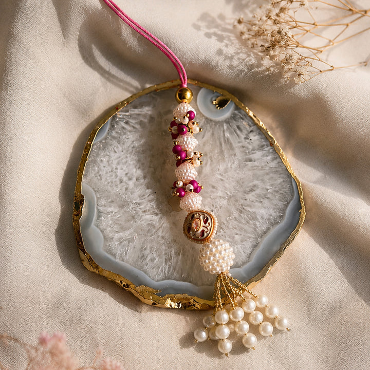 Hand-Knotted Pastel White Beaded Lumba With Roli Chawal For Bhabhi