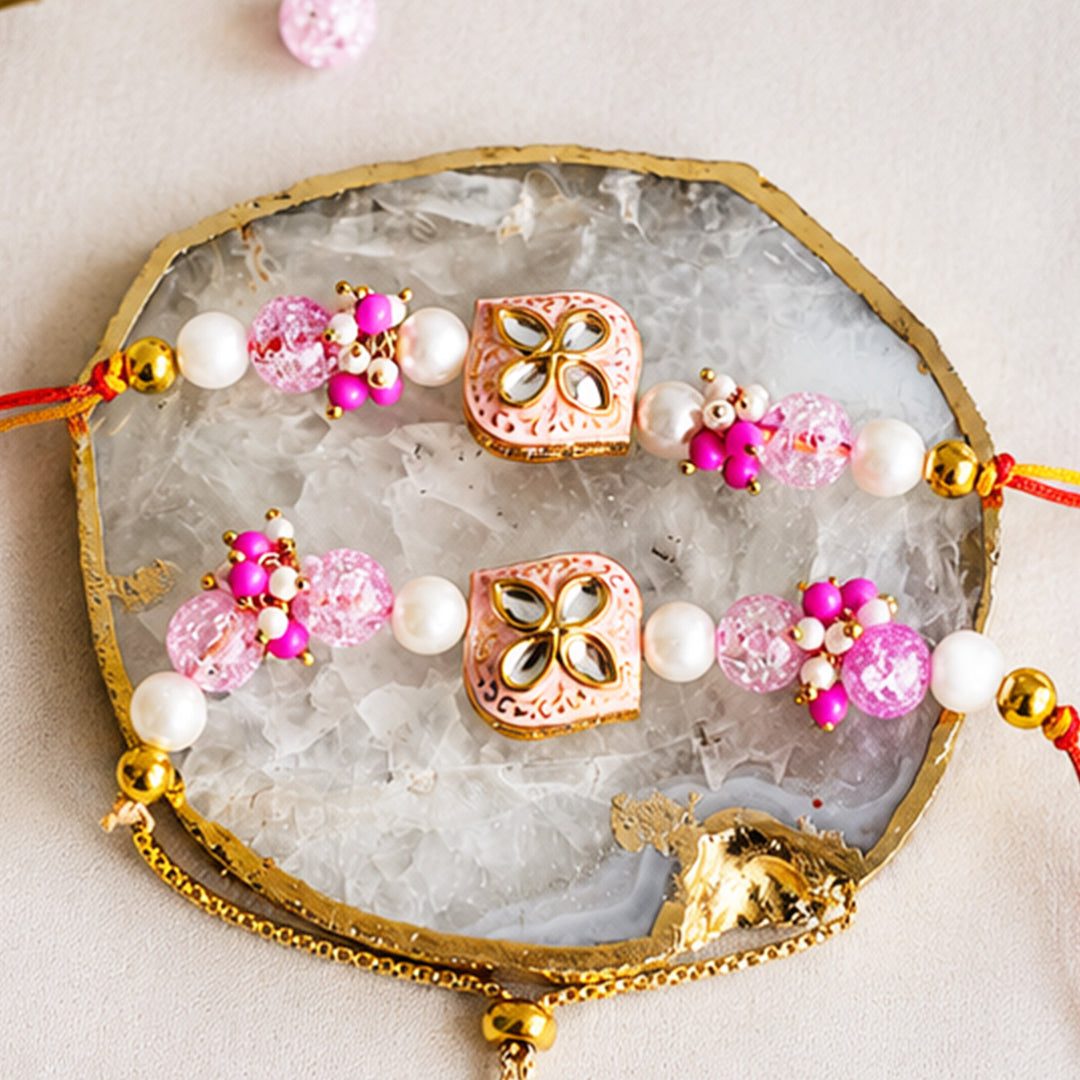 Hand-Knotted Pink Diamond Beaded Rakhi & Lumba Set For Bhaiya Bhabhi | Set of 2