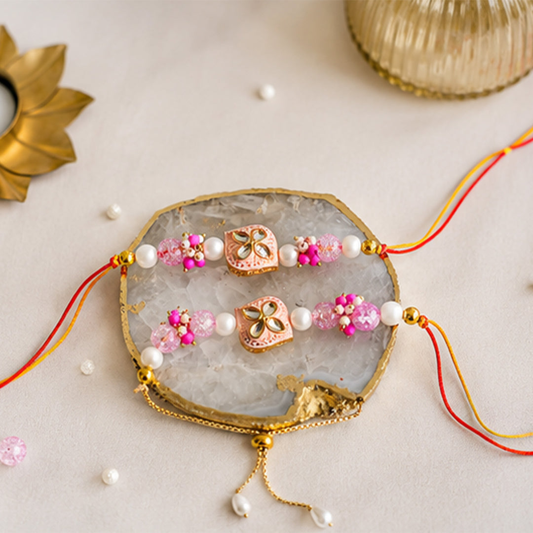 Hand-Knotted Pink Diamond Beaded Rakhi & Lumba Set For Bhaiya Bhabhi | Set of 2
