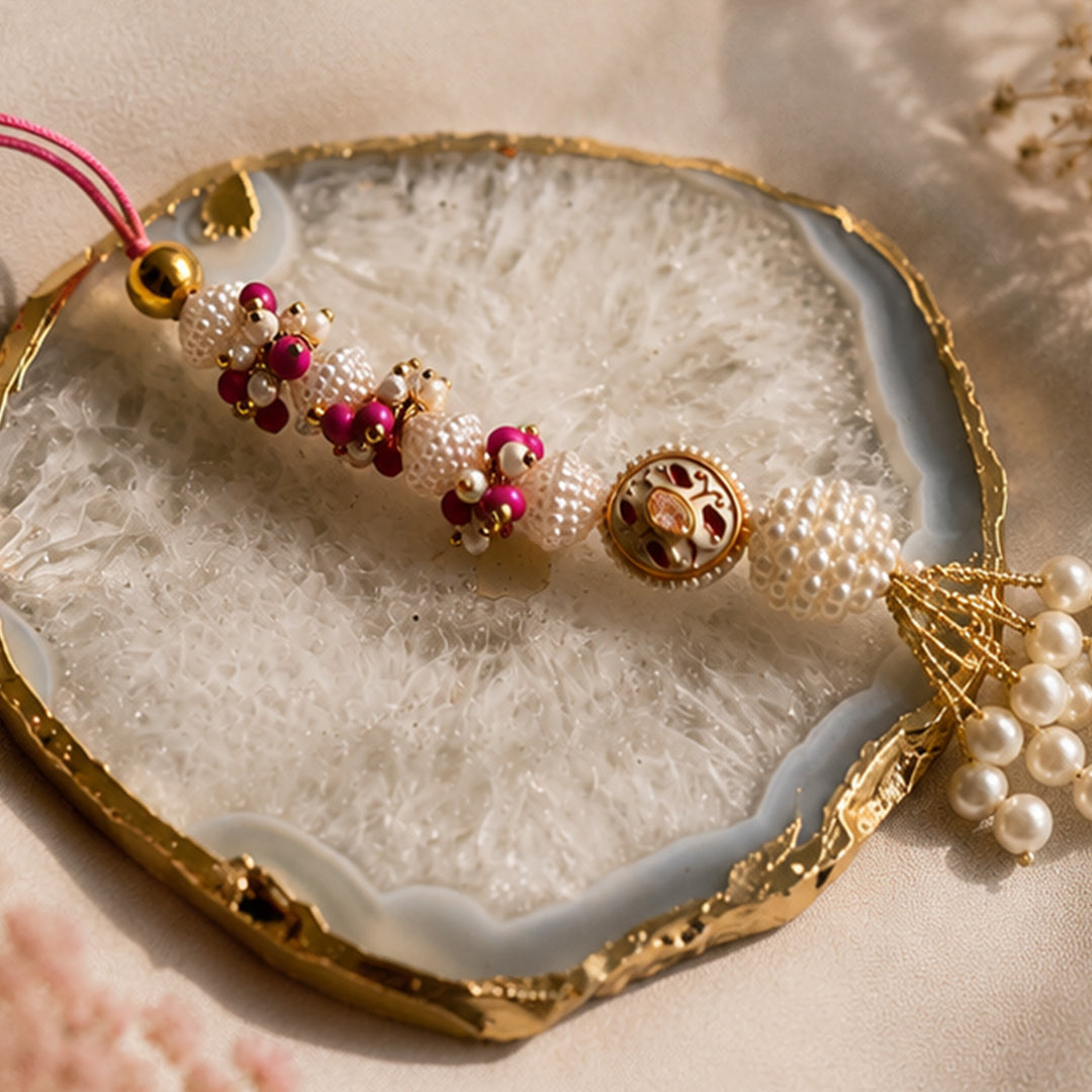 Hand-Knotted Pastel White Beaded Lumba With Roli Chawal For Bhabhi