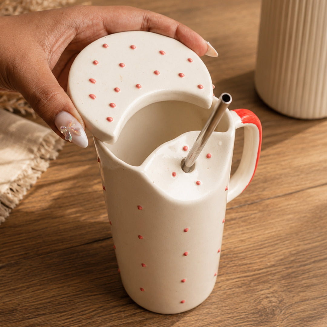 Crimson Ceramic Sipper Rakhi Hamper With Steel Straw & Roli Chawal For Brother