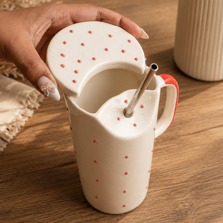 Crimson Ceramic Sipper Rakhi Hamper With Steel Straw & Roli Chawal For Brother