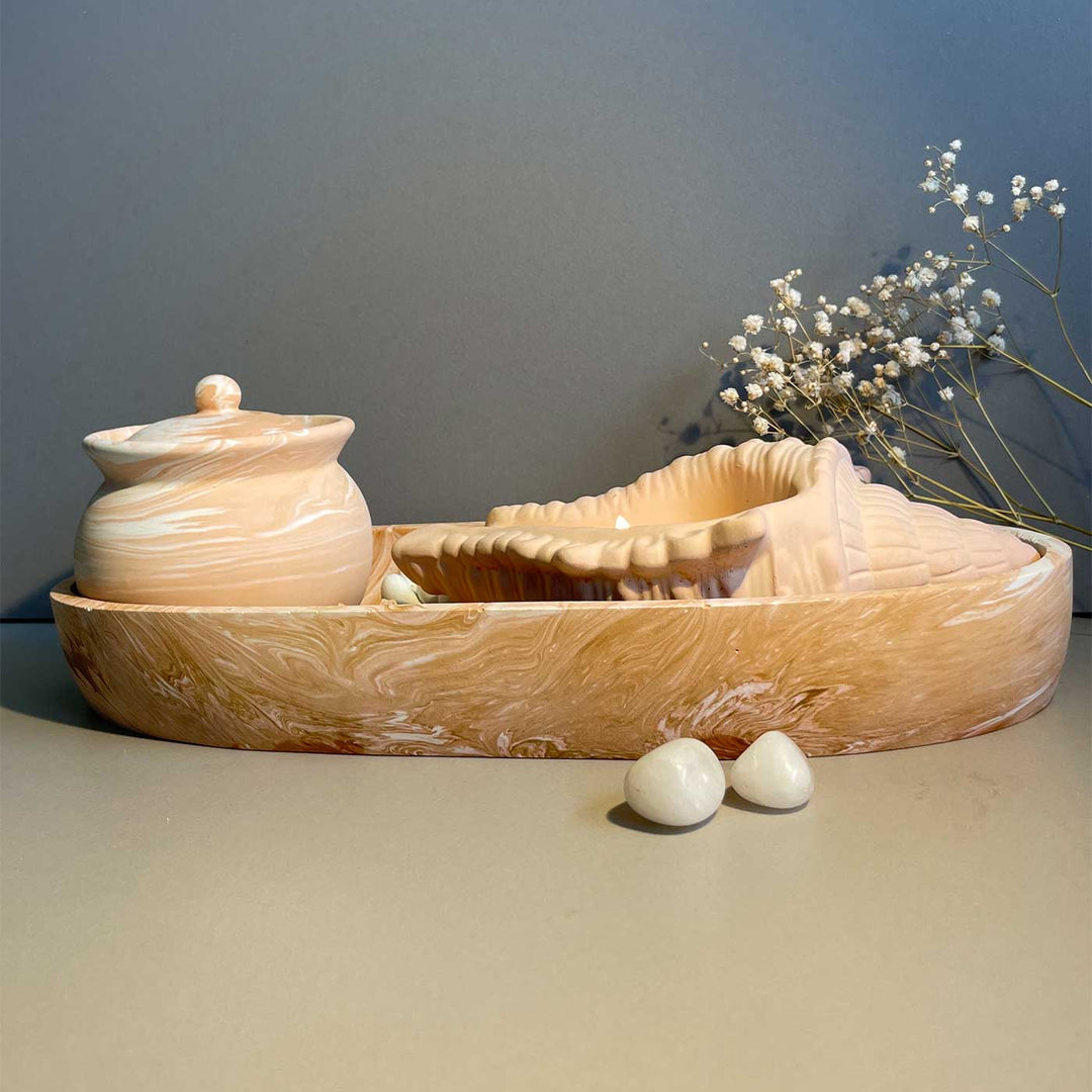 Handmade Luminous Concrete Gift Hamper | Includes 1 Ovoid Bowl Large, 1 Conch Shell Candle, 1 Urn, 2 Concrete Succulents