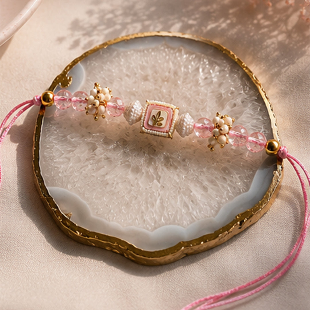 Hand-Knotted Pastel Pink Beaded Rakhi With Roli Chawal For Brother