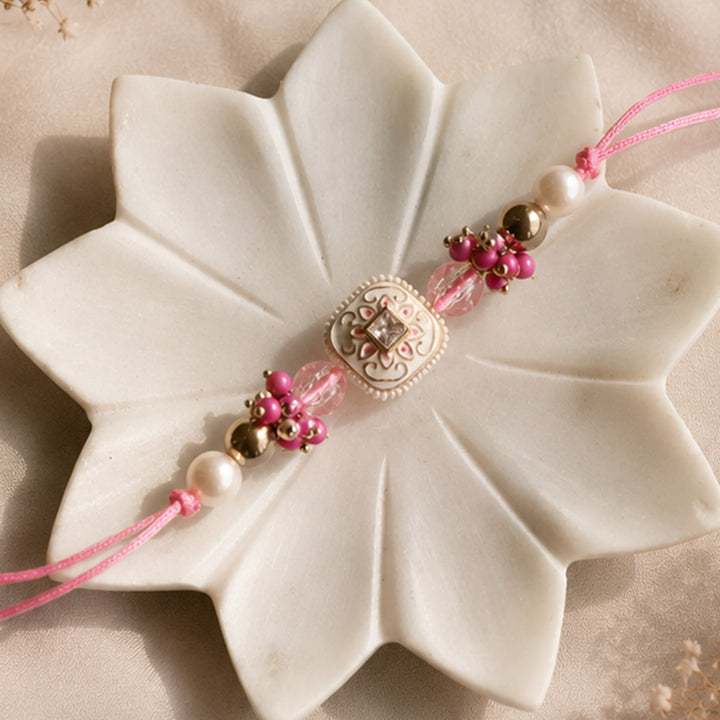 Hand-Knotted Pink Lotus Beaded Rakhi & Lumba Set For Bhaiya Bhabhi | Set of 2