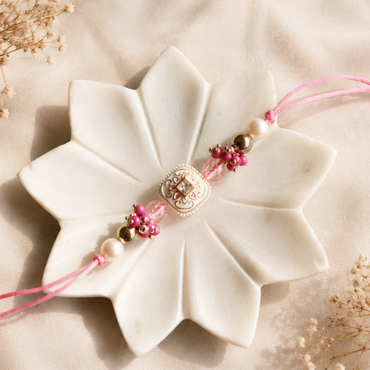 Hand-Knotted Pastel Beaded Rakhi With Roli Chawal For Brother