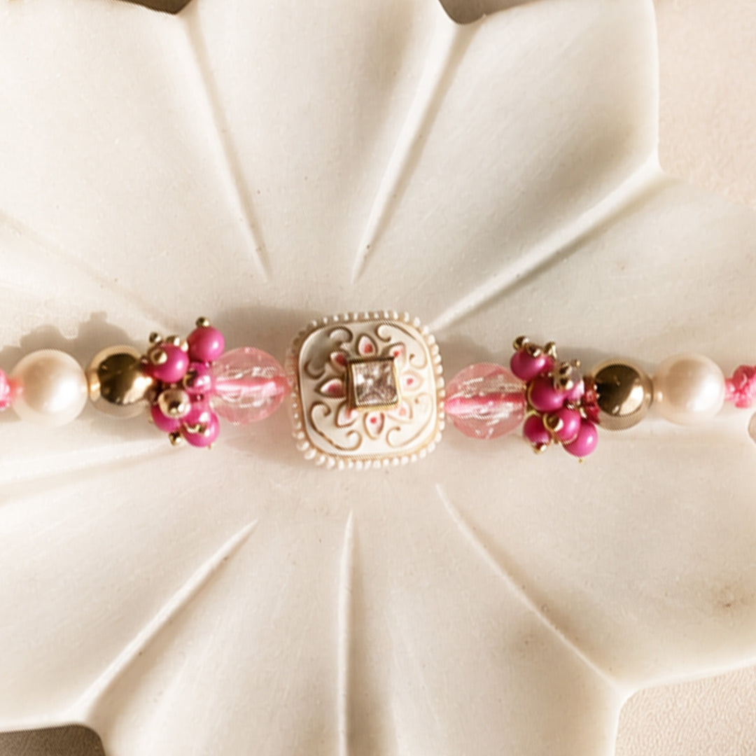 Hand-Knotted Pastel Beaded Rakhi With Roli Chawal For Brother