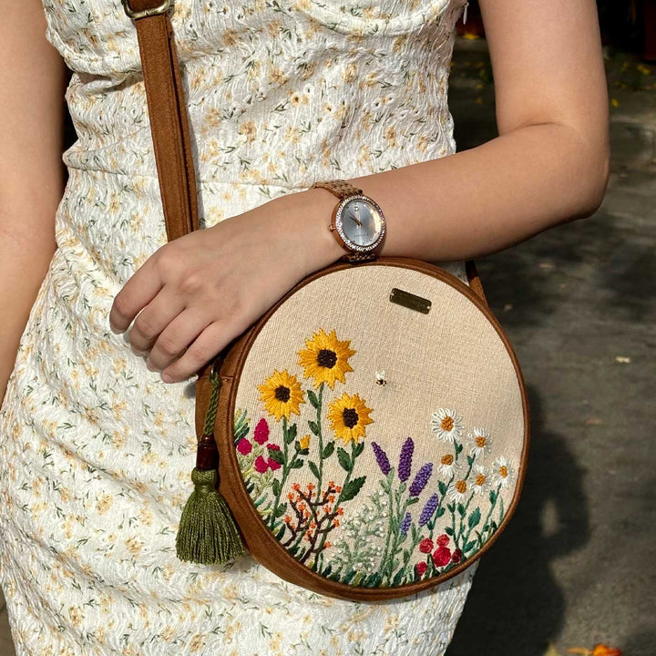 Personalized Embroidered Bee & Wildflowers Round Sling Bag