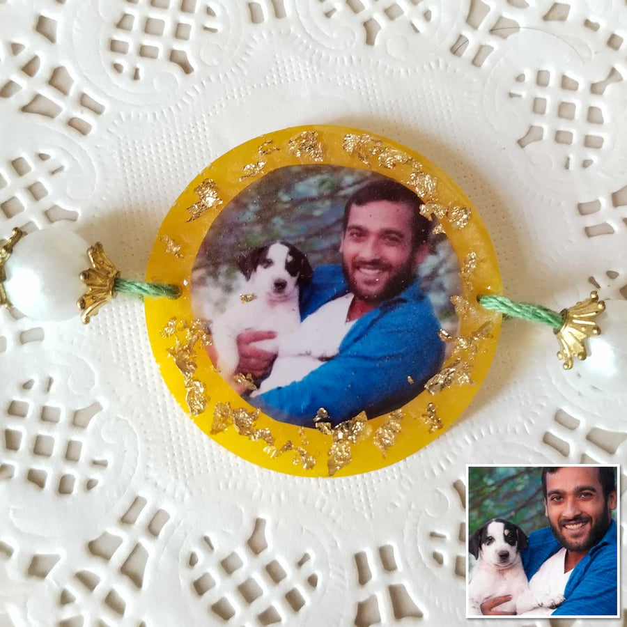 Photo Personalized Pet Brother Design Resin Rakhi - Front View with Photo Insert